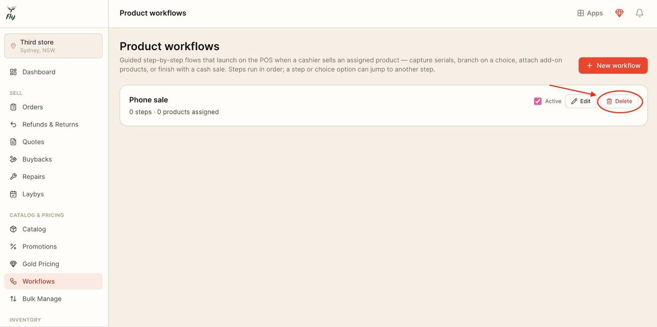 To delete a workflow, press the ‘delete’ button on the right side.