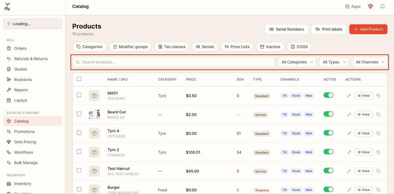 Use the search bar and drop-down menus to filter and view items.