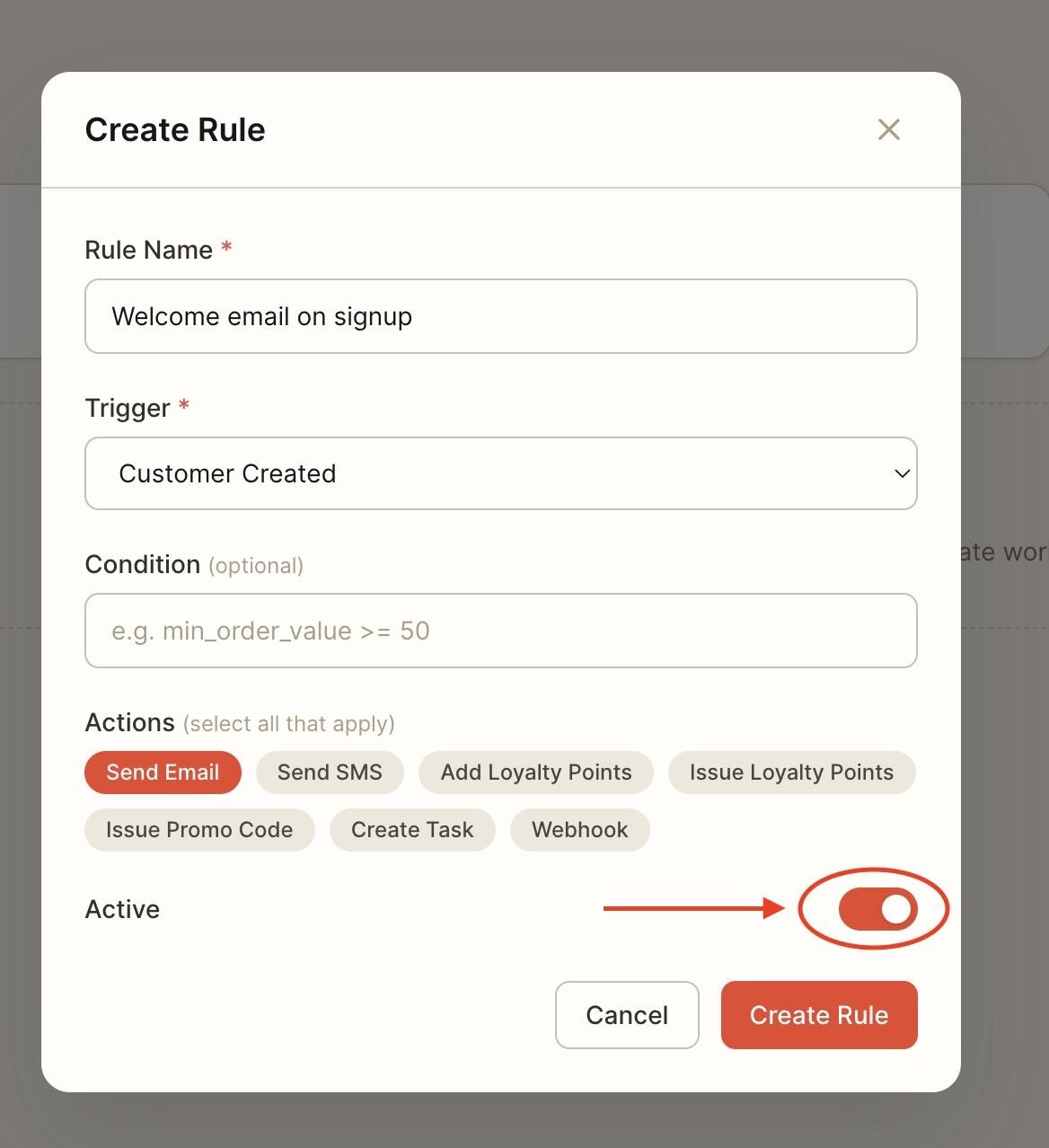 To activate the rule, ensure the ‘active’ button is toggled on.