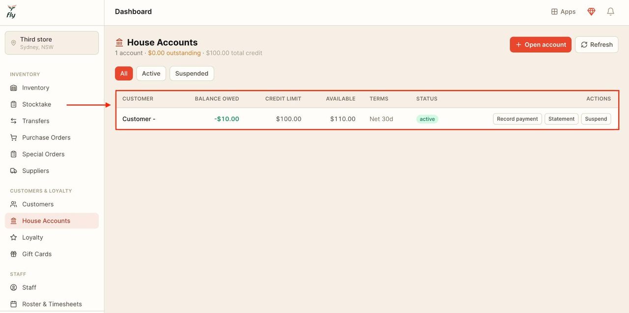 The active house accounts will appear below.