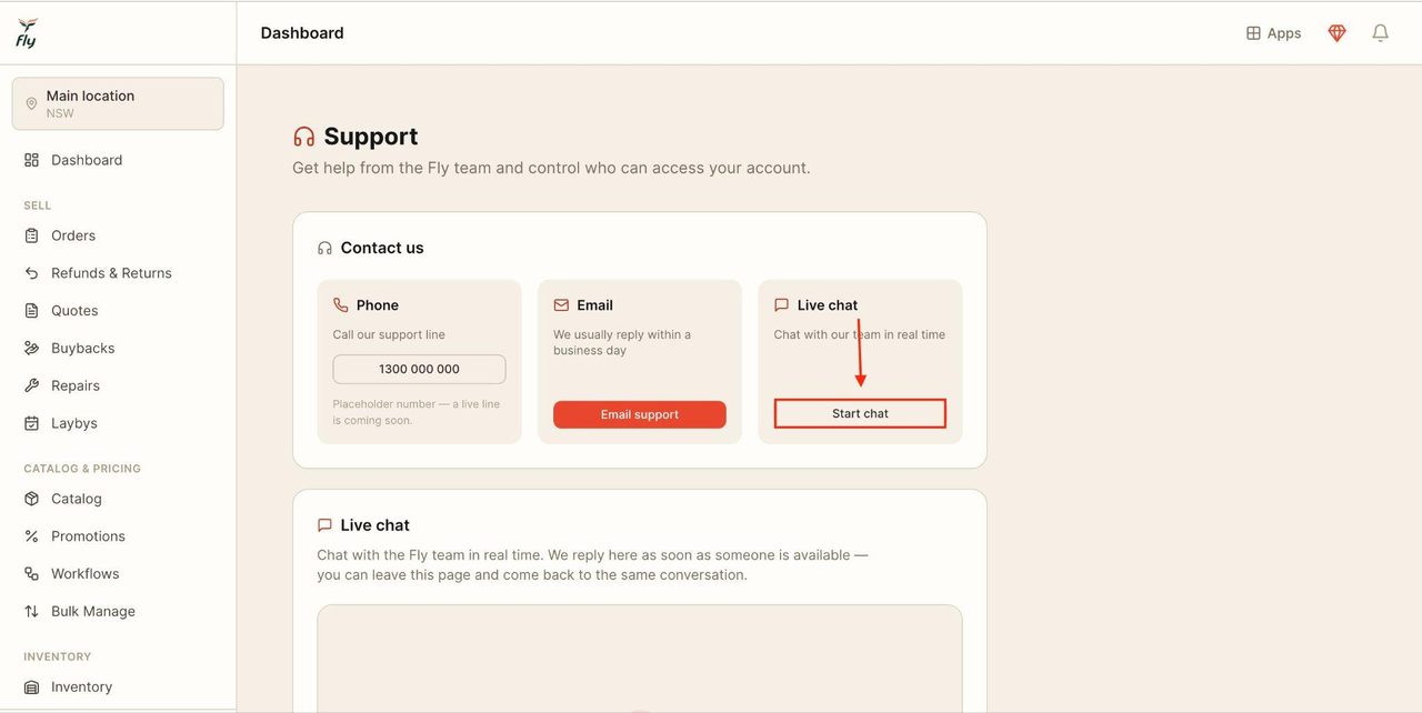 To have a live chat with a support member, press on the ‘start chat’ button.