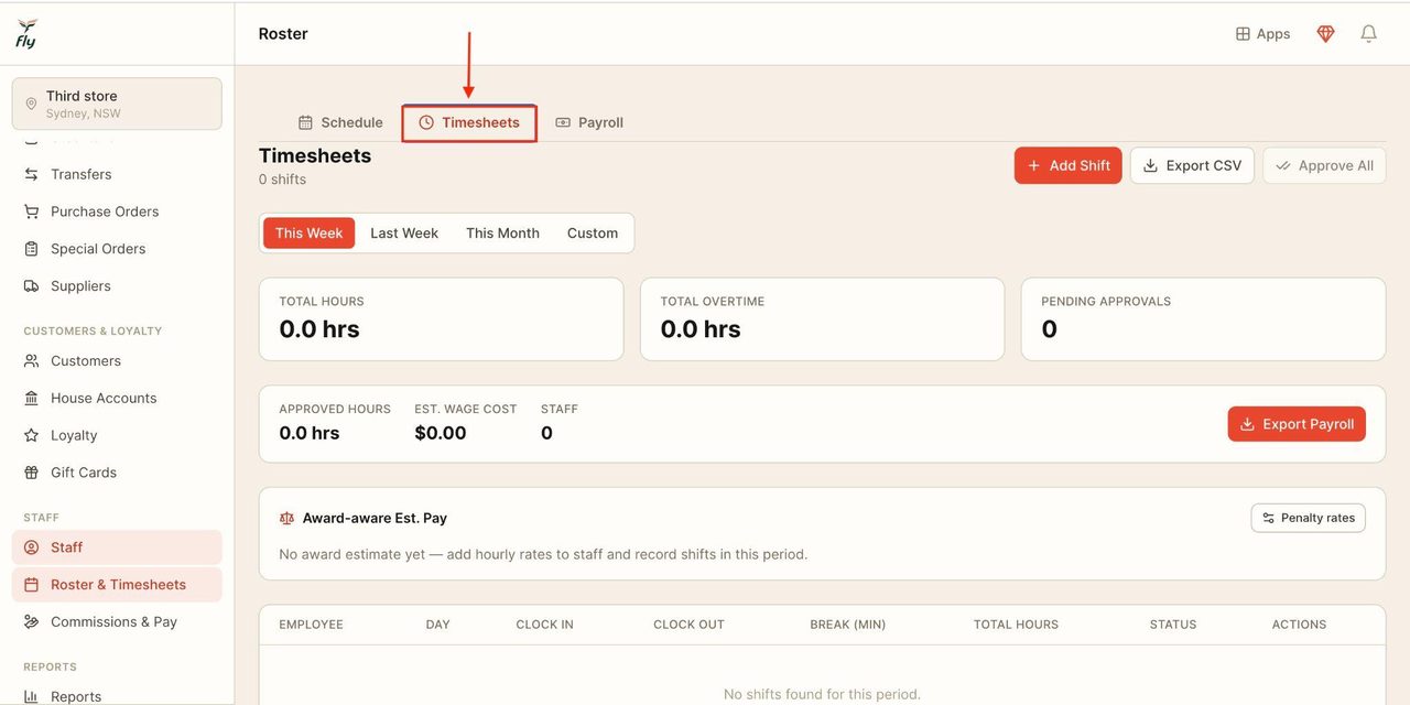 Use the top bar to access the timesheets.