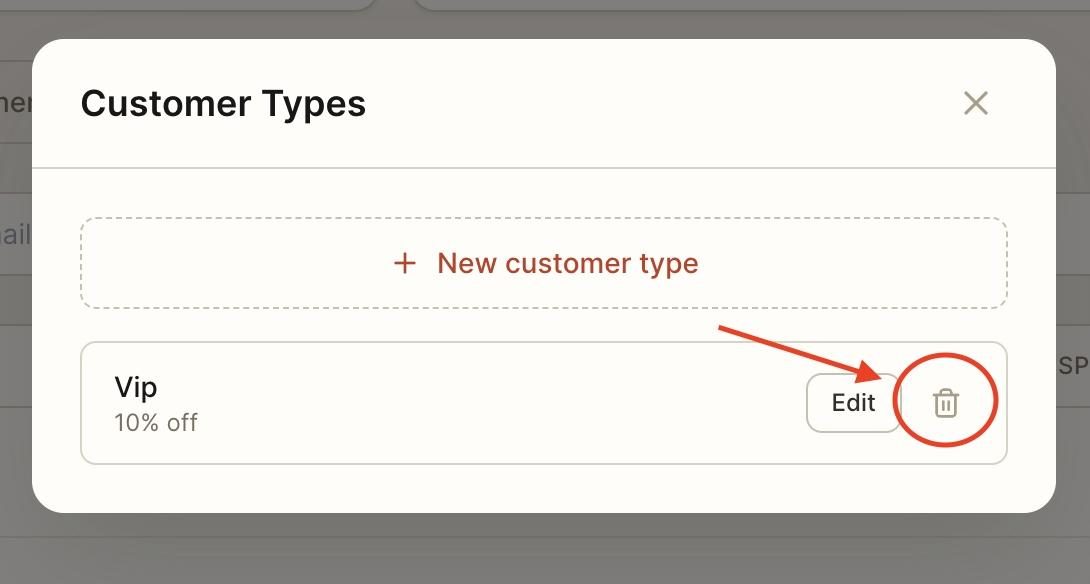 Click on the bin to delete the customer type.