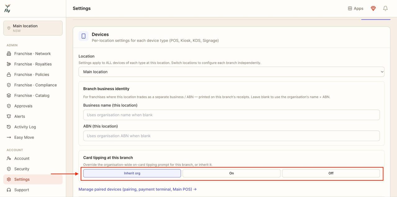 Pick the card tipping settings for the selected location:
