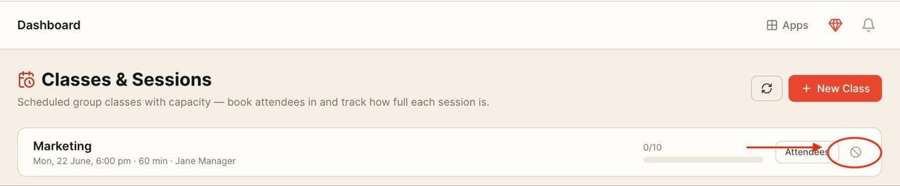 To cancel a class, press on the icon market below.