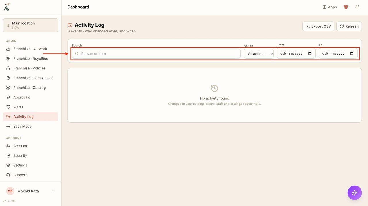 Use the top bar to locate the desired activity logs.