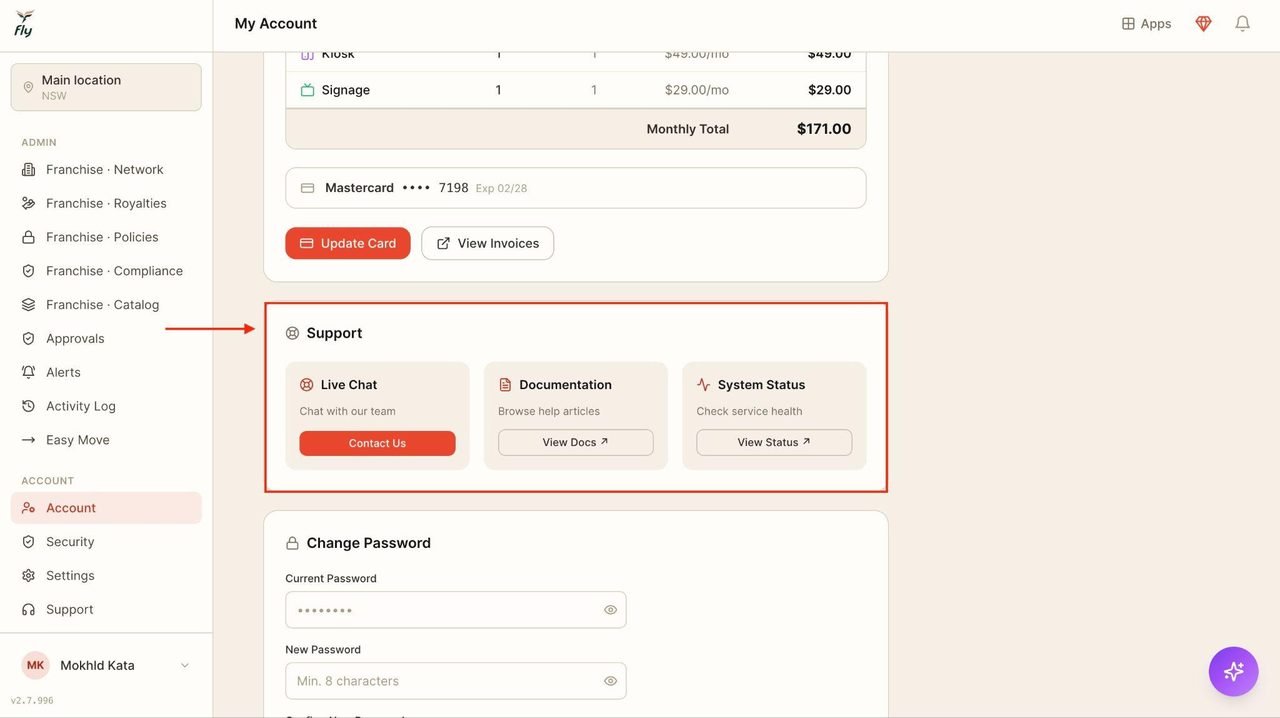 Back in the dashboard, underneath subscriptions, there will be support available.