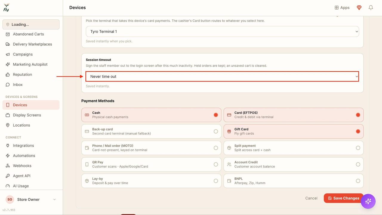 Select a session timeout by clicking on the drop-down menu.