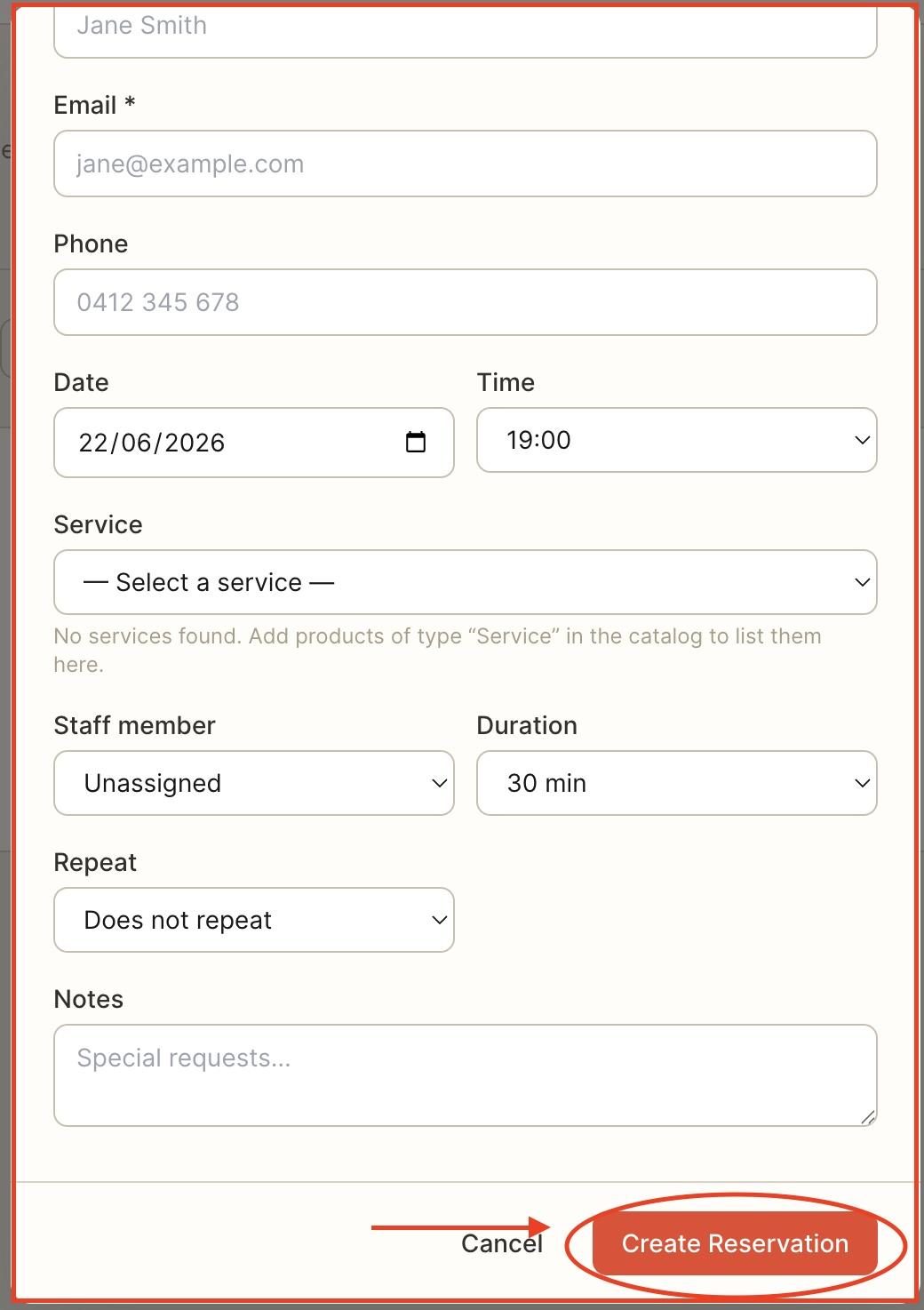 Fill in the reservation details, then press on ‘Create reservation’
