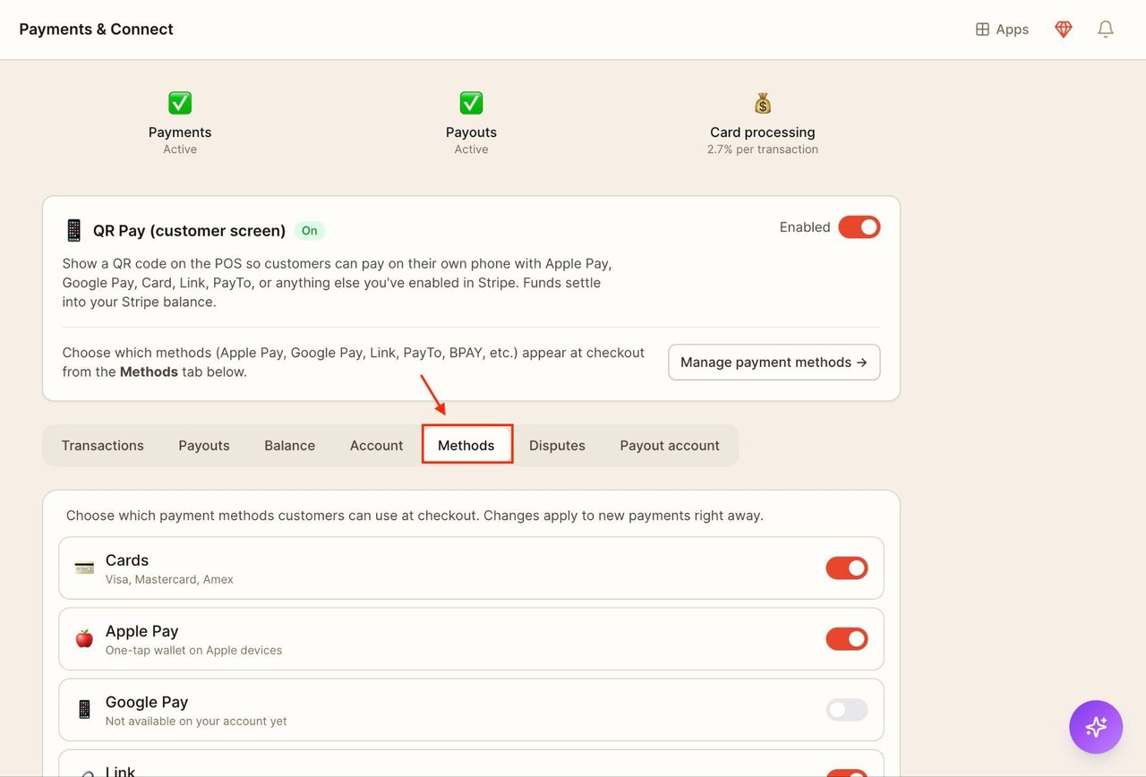 This will automatically switch to the ‘Methods’ tab.