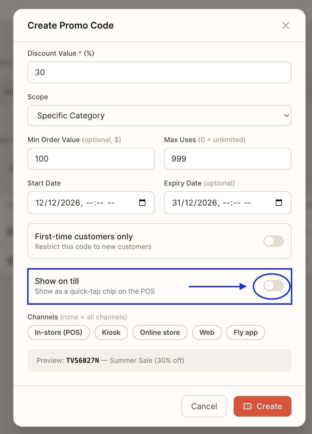 Optionally, toggle on the button to show the promo code on the till when using the POS.