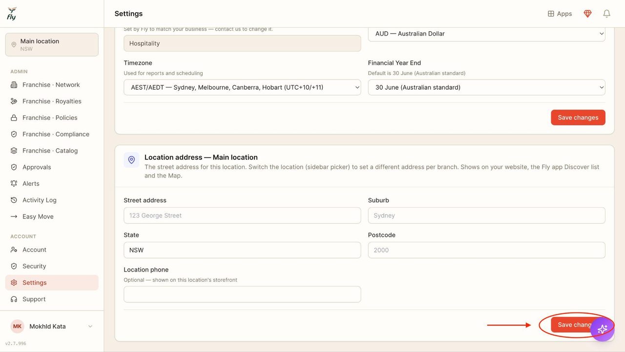 If any changes are made to the location address, press ‘Save changes’.