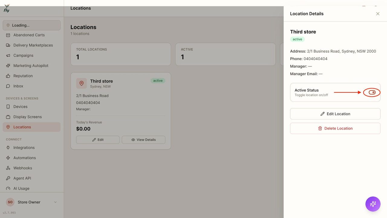 To inactivate the location, toggle off the active status.