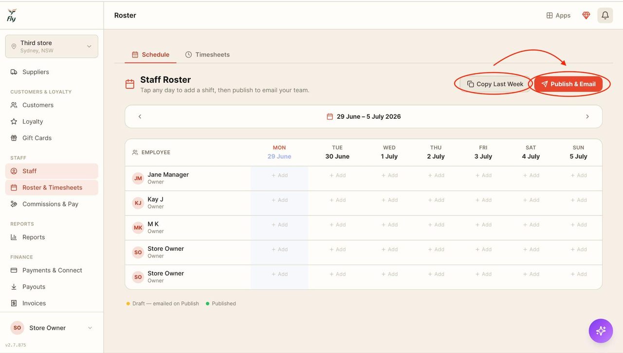 Then click ‘Publish & email’; this will add last week’s shifts into the schedule and email the staff the new roster.