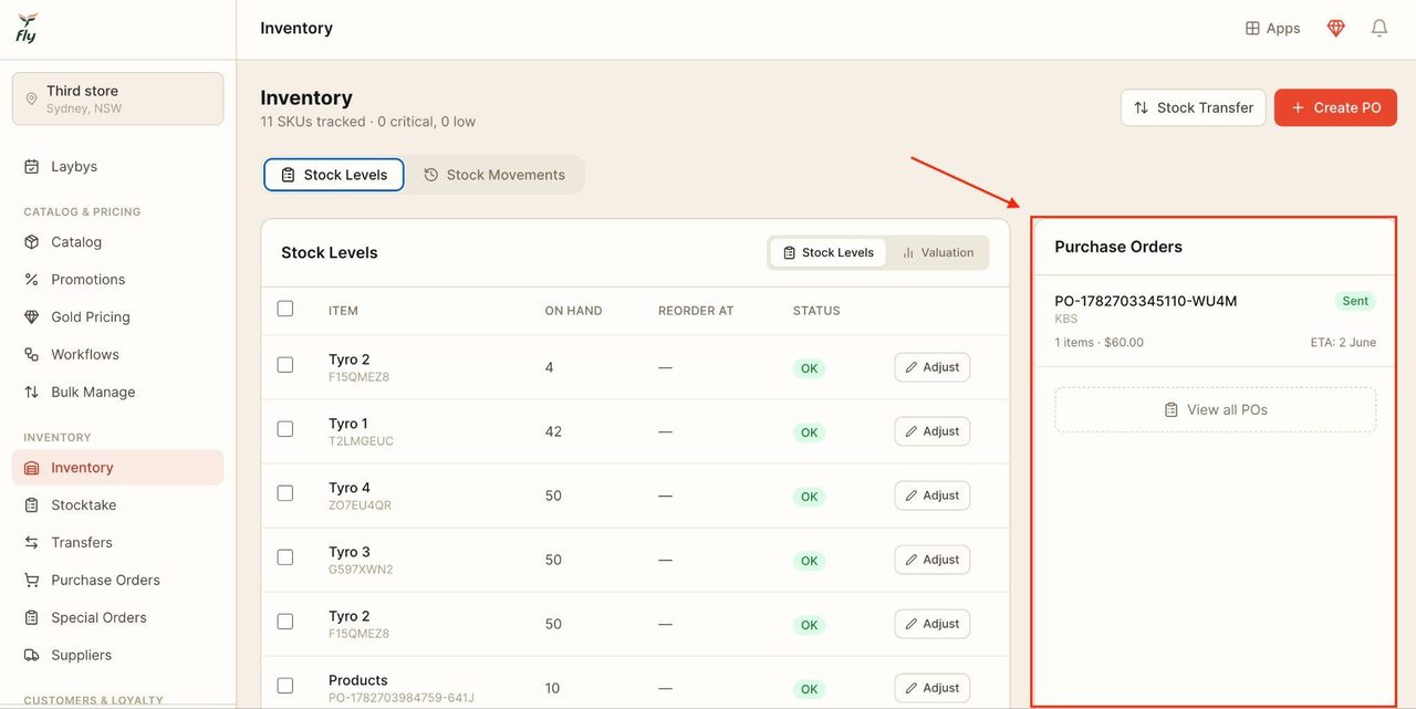 All purchase orders can be viewed on the left.