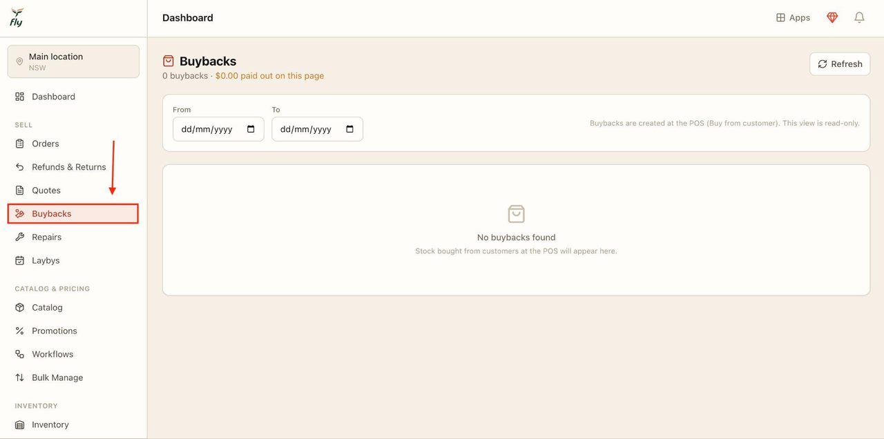 Locate ‘Buybacks’ in the sidebar under ‘Sell ’.