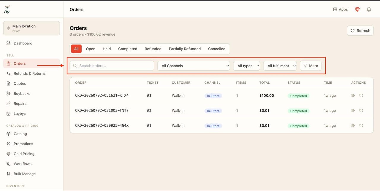 The search bar and drop-down menus can be used to filter through the orders.