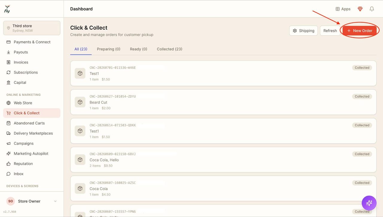 To create a new click & collect order, press ‘create order’ in the top right.