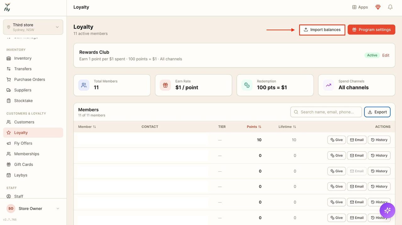 Click on ‘Import balances’ to upload a list of existing customers and their current reward points from another system.