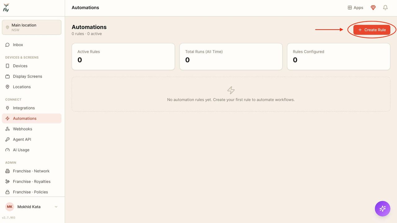 To create a new automation, press on ‘Create rule’ on the right-hand side.