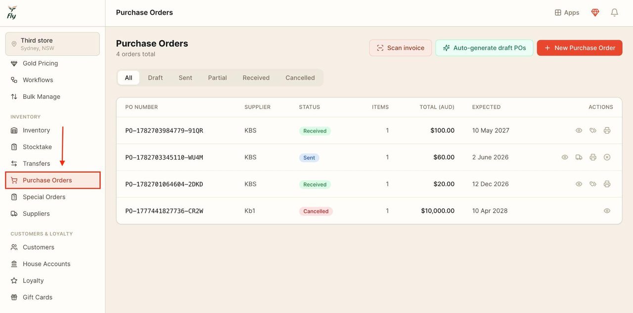 Locate purchase orders under ‘inventory’.