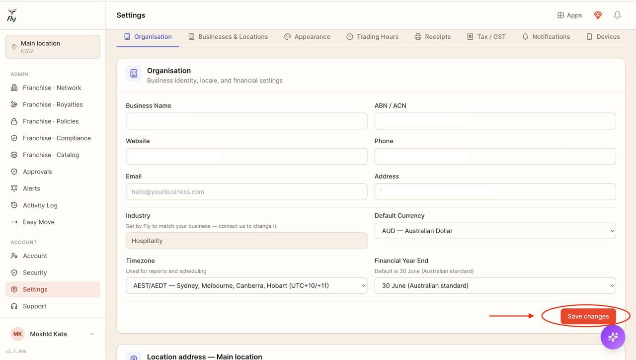 If any changes are made in the organisation section, press Save Changes at the bottom.
