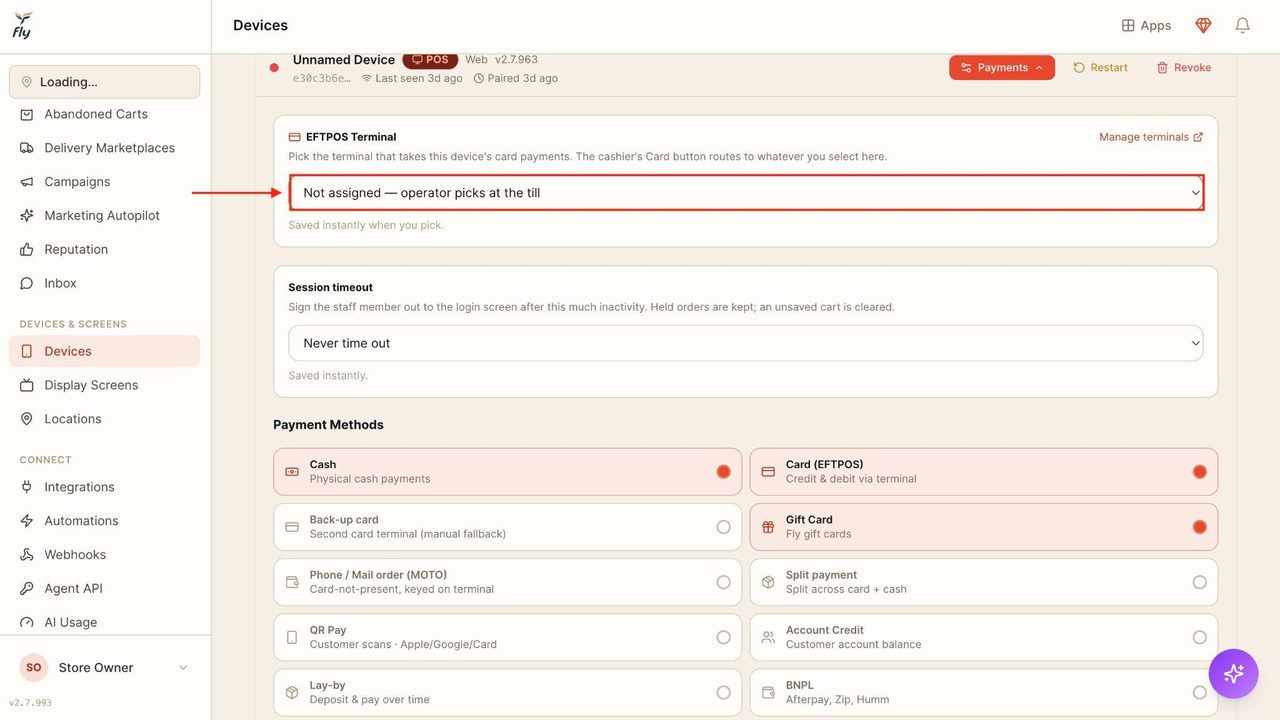 To select an EFTPOS terminal, press on the drop-down menu.
