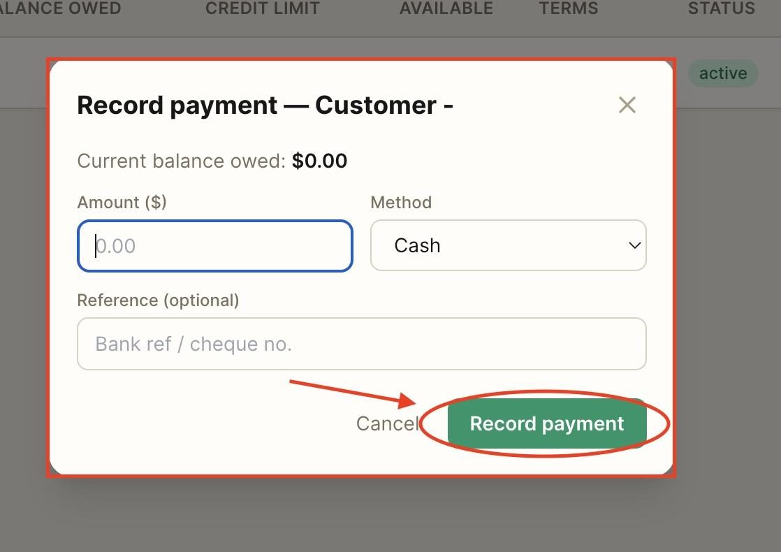 Fill in the required fields, select the payment method then press ‘Record payment’.