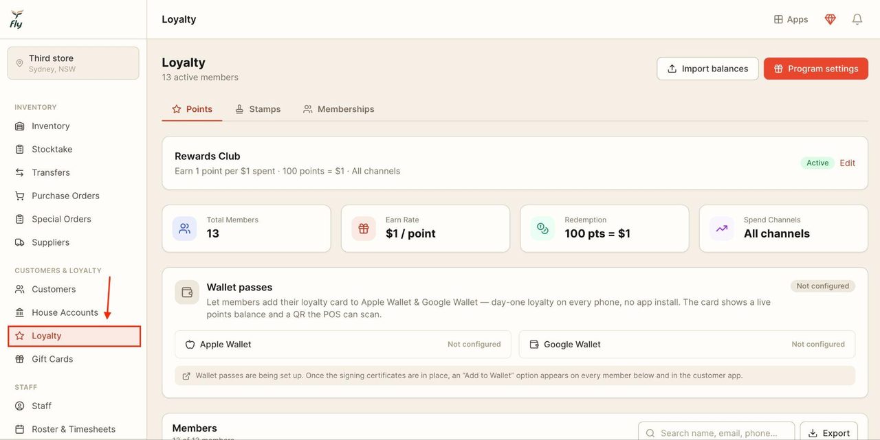 Locate ‘Loyalty’ in the sidebar.
