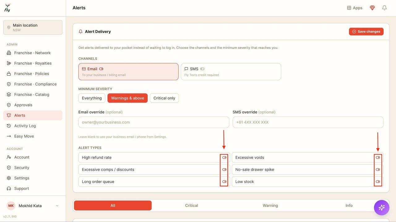 Toggle on or off any of the desired alert types.