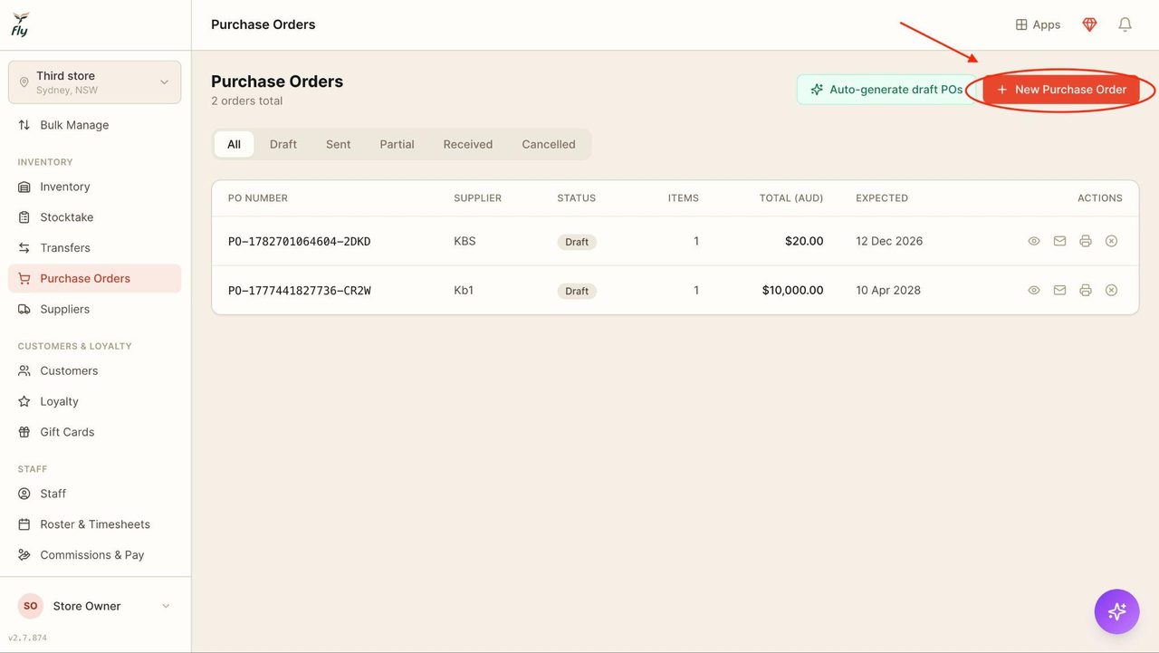 To create a new purchase order, locate the button in the top right corner and click ‘New Purchase Order’.