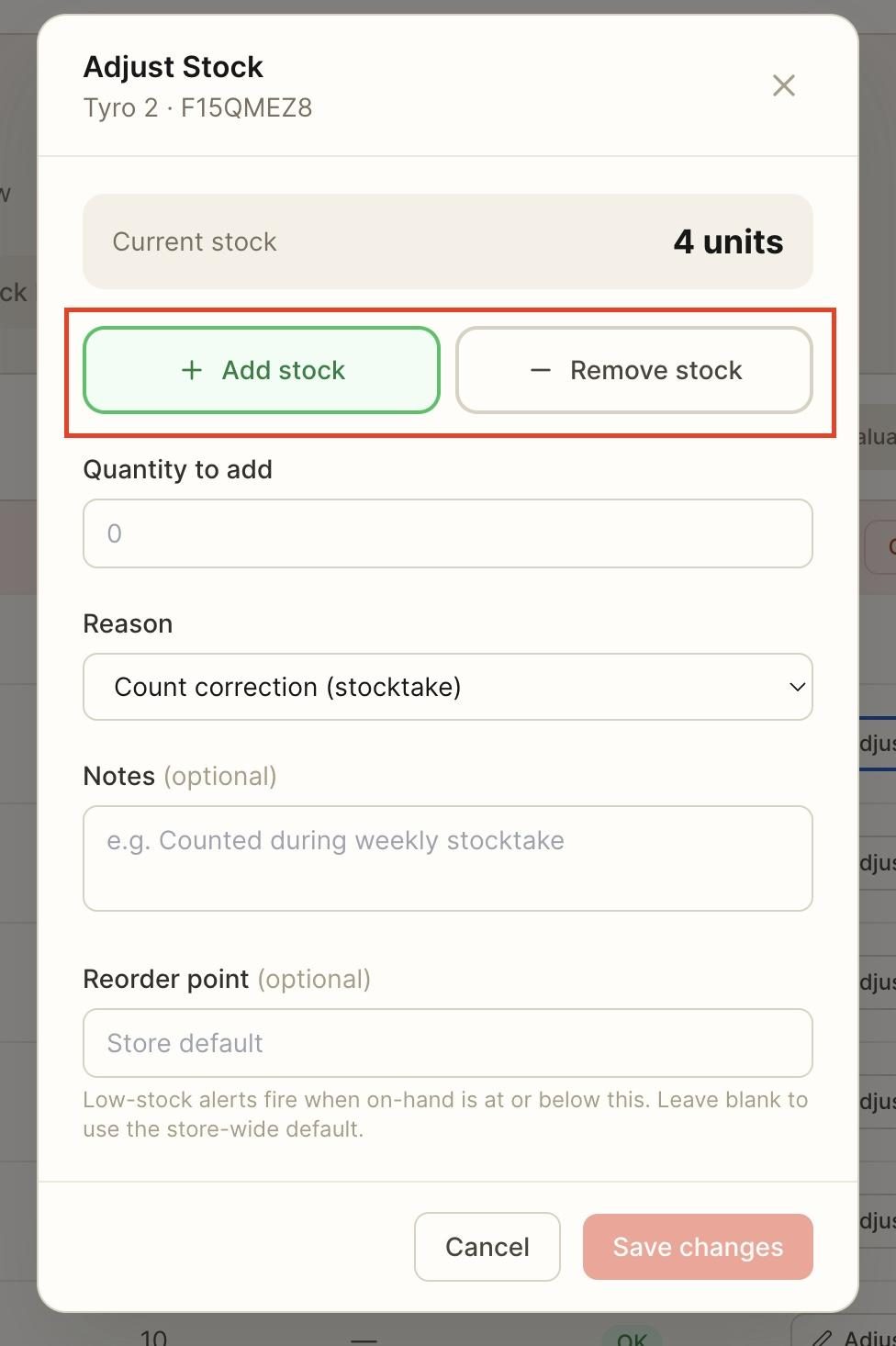 Pick whether it is to add or remove stock.