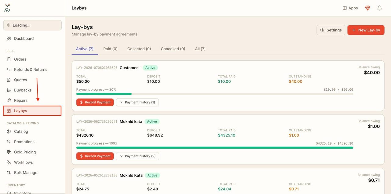 Locate the ‘Laybys’ tab under the ‘Customer & Loyalty’.