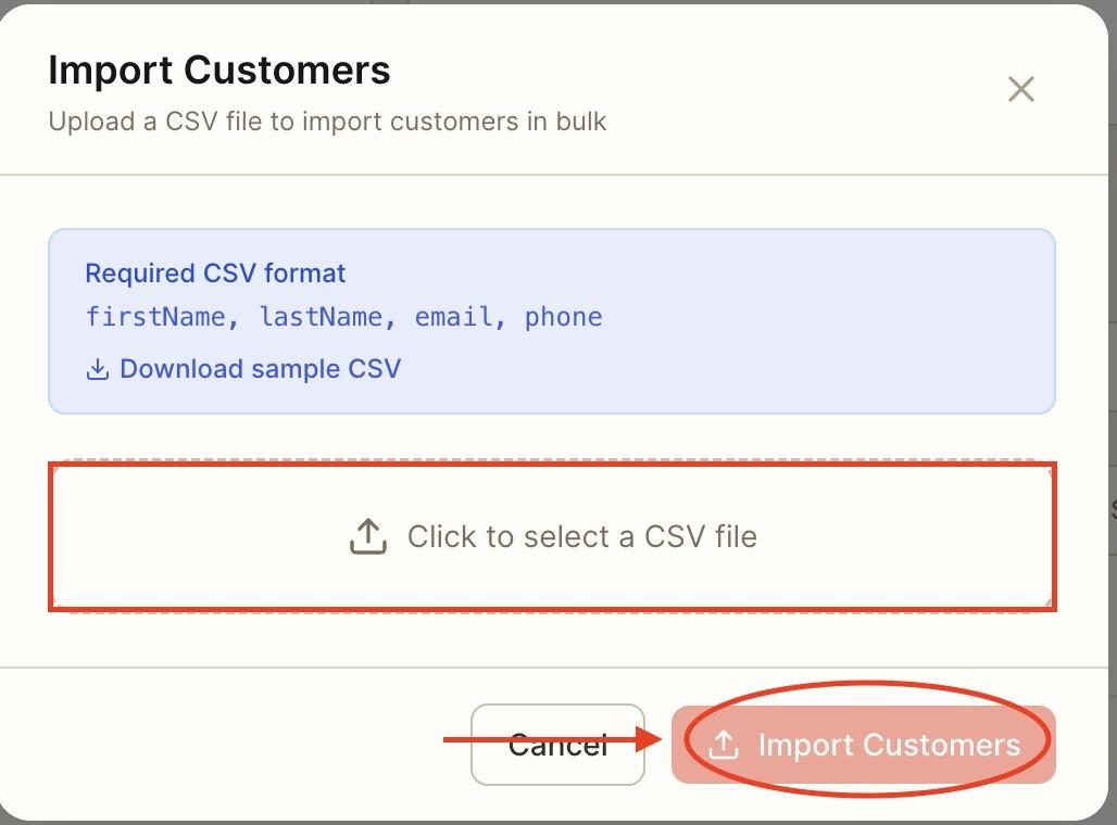 Click the file, then click on ‘Import customers’