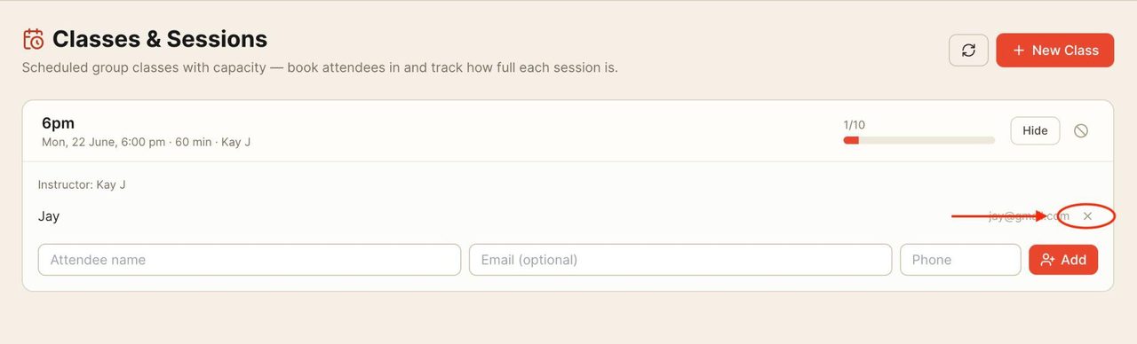 If an attendee has been added and you wish to delete them, press on the ‘x’ next to their name.