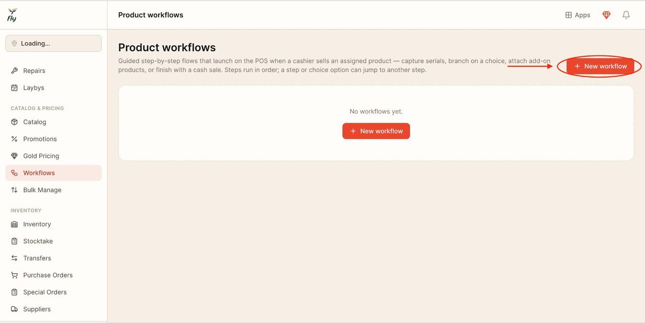 To create a new workflow, click on the button in the top right corner.