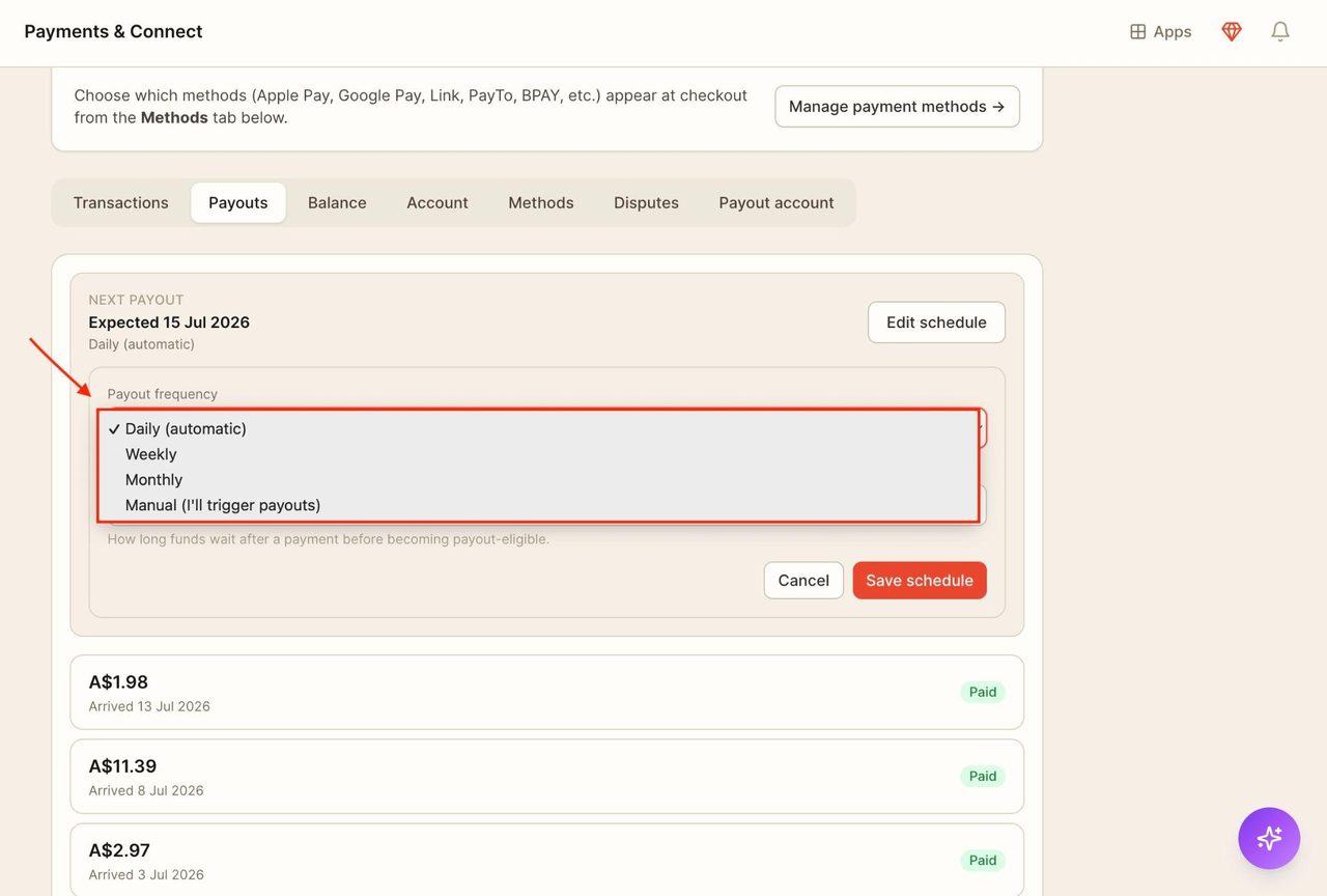 Select a payout frequency from the drop-down menu.