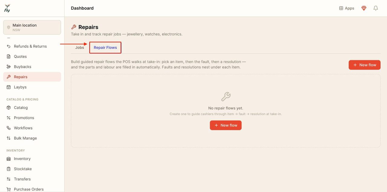 To create repair flows that guide the POS system, locate ‘repair flows' on the top bar.