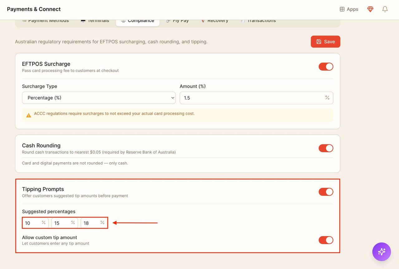 For tipping prompts, enter the suggested percentages that will appear to the customers.
