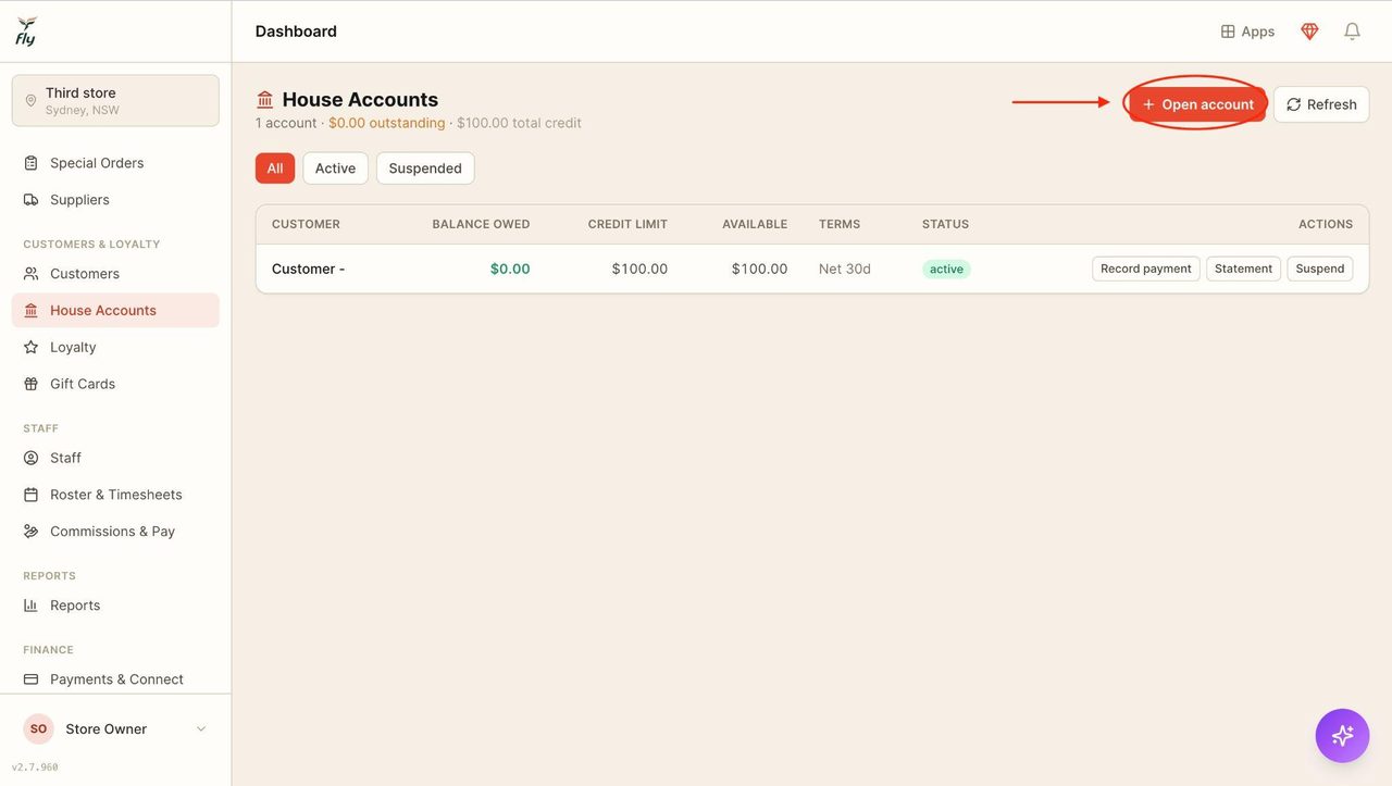 To create a new house account, press ‘Open Account’.