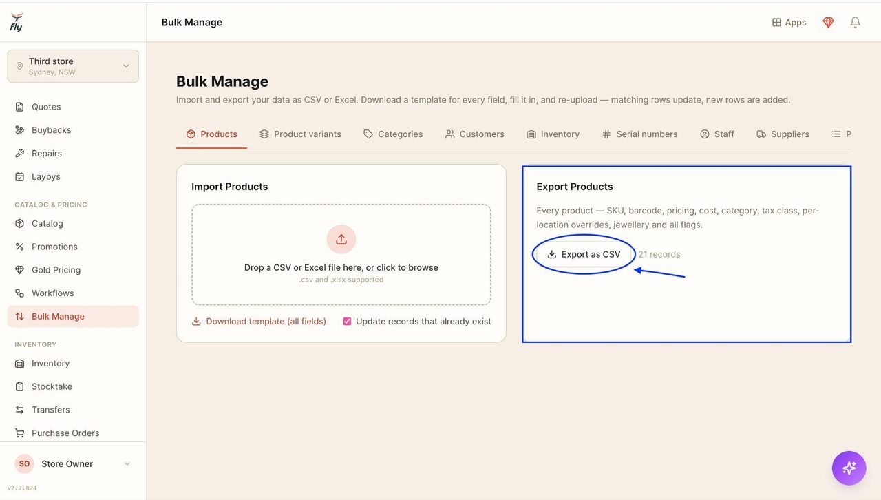 To export, click on ‘export as CSV’.