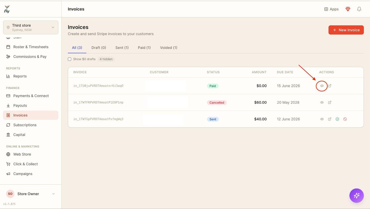 Click on the eye icon to view the invoice.