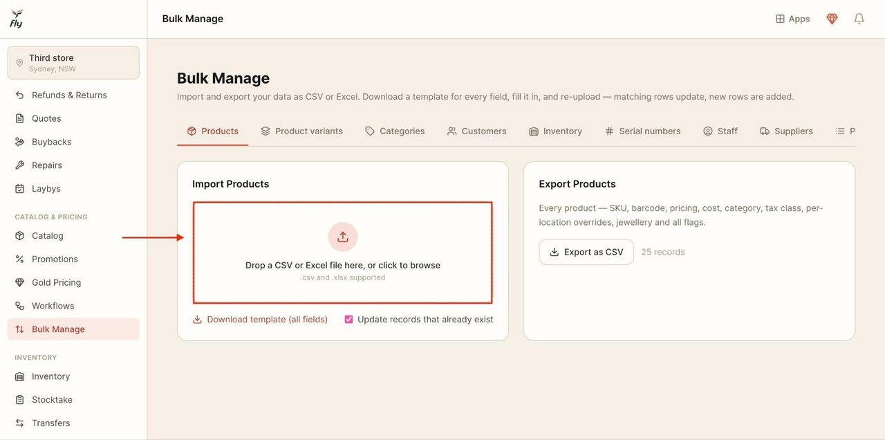 Import products by dropping a file.