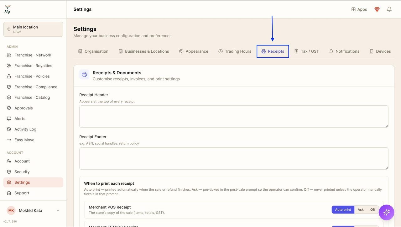 In the receipts section, the settings of how the receipts print and appear can be changed.
