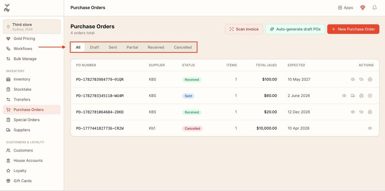 Use the top bar to filter through the purchase orders.