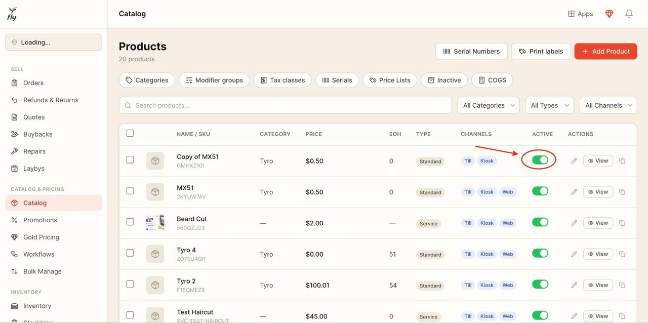 To inactivate the product so it no longer sells on the POS, toggle off the button.
