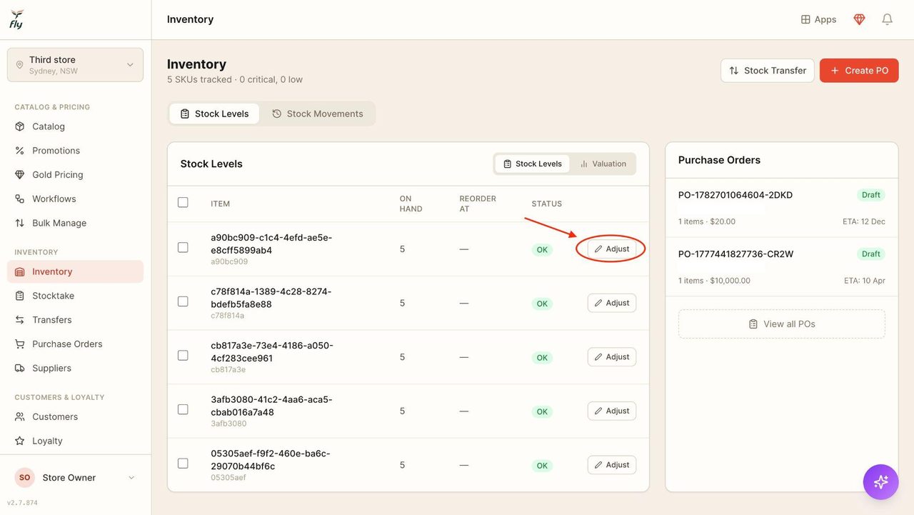 Click on ‘Adjust’ to make changes to the stock of an item.