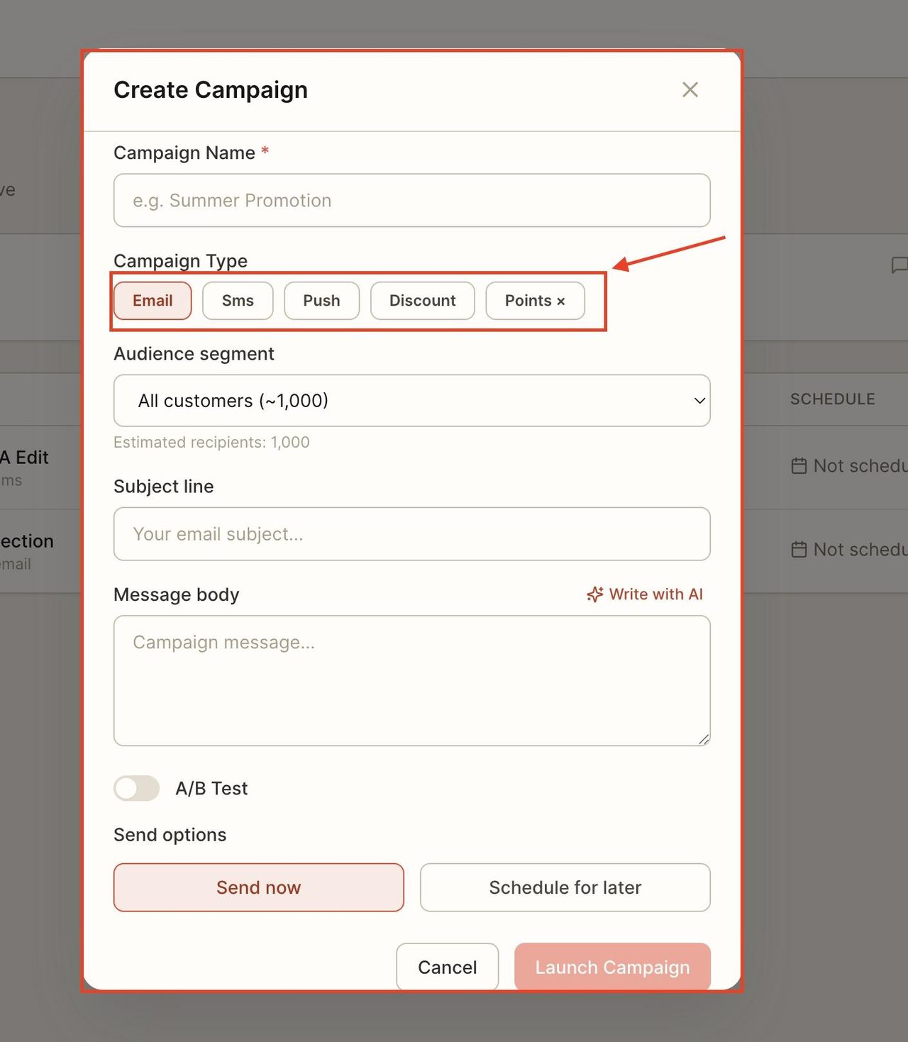 Ensure the right campaign type is selected.