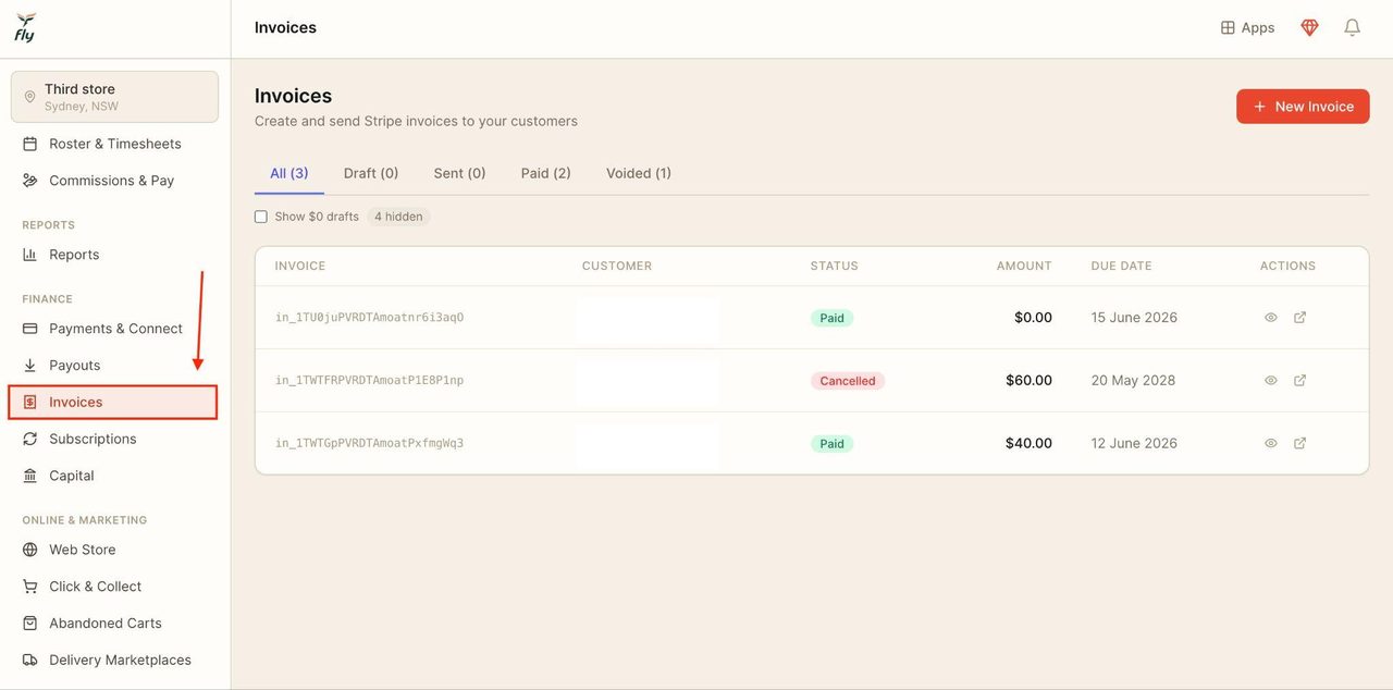 Locate ‘invoices’ in the sidebar underneath ‘Finance’.