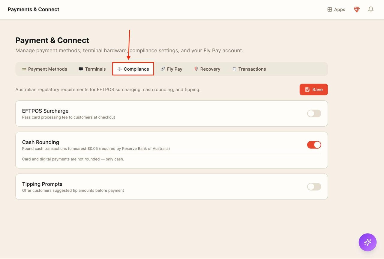 Click on ‘compliance’ for surcharging, cash rounding and tipping.